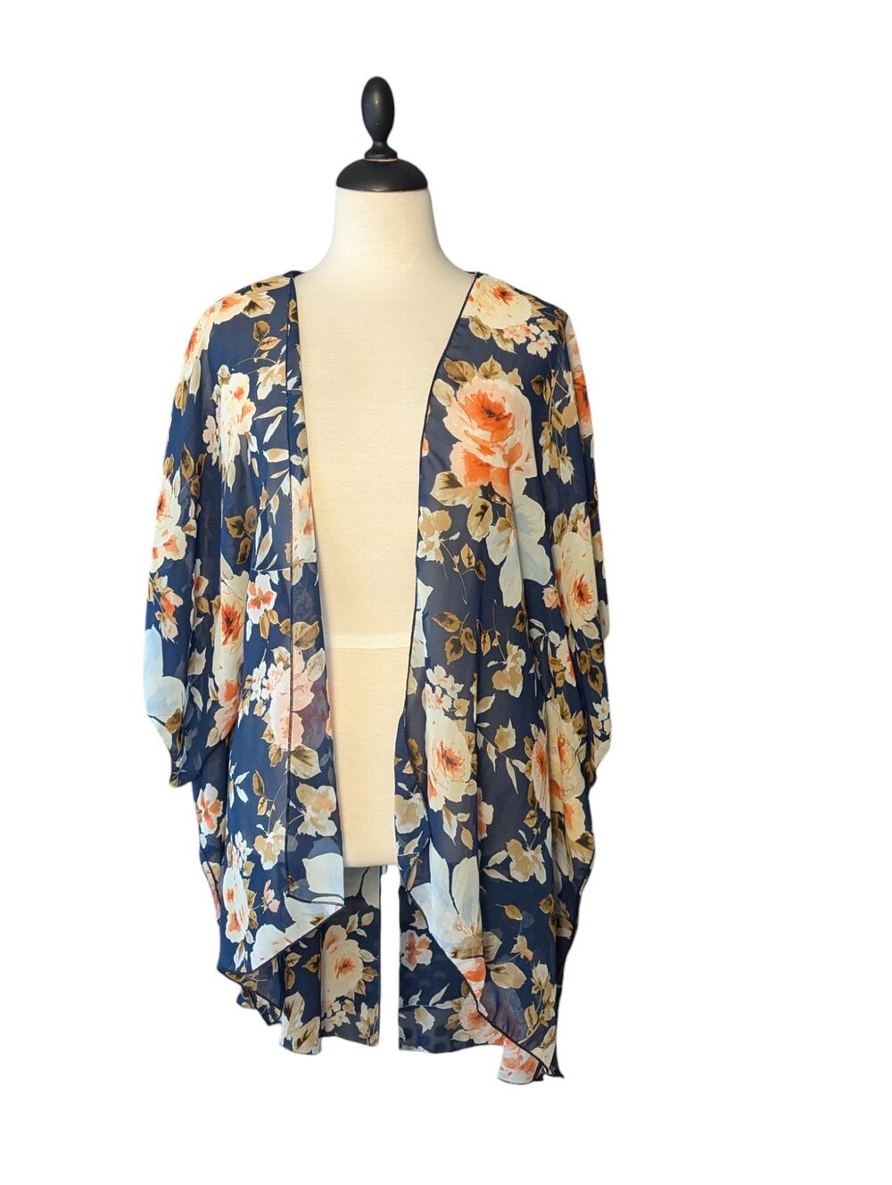 Emory Park Women's Blue Floral Sheer Kimono Shawl Size XXL Short Sleeve